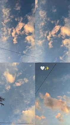 a heart shaped kite flying in the sky above some palm trees and power lines under a cloudy blue sky