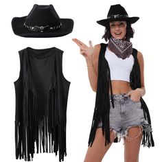 PRICES MAY VARY. 【3Pcs Western Cowgirl Accessories】This cowgirl costume set includes 1 black fringe cardigan, 1 black cowgirl hat, and 1 scarf. Bring an extra touch of the old west to your wardrobe. 【Stylish Fringe Vest & Classic Cowgirl Hats 】The cowgirl vest features a long fringe design and the black cowboy hat features a classic cowboy crease style crown and a high-quality leather hatband, crafted with attention to detail. Effortlessly achieving Western cowboy style, a 70s hippie vibe, and a Cow Girl Outfits Ideas, Cowboy Costume Women's, Western Gothic Fashion, Cowgirl Outfits Black Women, Fringed Vest Outfit, Costume Cowgirl, Western Cowgirl Outfits, Cowgirl Vest, Womens Western Hats