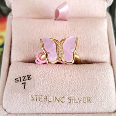 Gold Plated Stamped Sterling Silver Butterfly Ring With Cubic Zirconia Details. Comes In Pink Suede Box. Size 7 Cute Pink Sterling Silver Jewelry, Pink Sterling Silver Jewelry For Party, Pink Butterfly Jewelry For Gift, Pink Butterfly Jewelry As A Gift, Pink Butterfly Jewelry As Gift, Pink Butterfly Jewelry For Gifts, Pink Rings For Party, Elegant Pink Butterfly Ring For Anniversary, Elegant Pink Butterfly Ring For Wedding