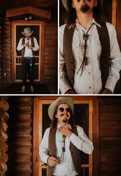 the man is wearing a cowboy hat and vest while standing in front of a door