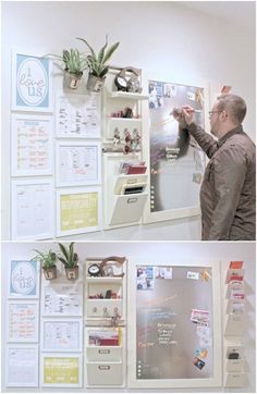 two pictures of a man writing on a bulletin board with plants and magnets attached to it