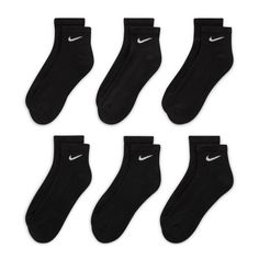 NIKE EVERYDAY CUSHIONED QUARTER SOCKS (6-PACK)The Nike Everyday Cushioned Quarter Socks feature a ribbed arch band for a snug fit for your everyday adventures. The thick terry sole provides comfort and impact absorption for your workouts, and the sweat-wicking fabric keeps your feet dry and comfortable. The straightforward Nike Swoosh on the upper adds a sporty look. Quarter Design Covers Ankle Dri-FIT Technology Keeps Your Feet Dry Reinforced Heel and Toe for Durability Arch Compression Offers The Black Keys, Shoe Show, Sporty Look, 6 Packs, Ankle Socks, Juventus, Cristiano Ronaldo, Neymar, Giorgio Armani