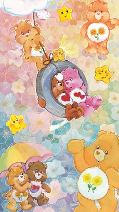 there are many different teddy bears on the wall with flowers and clouds in the background