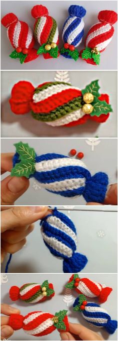 crocheted christmas ornaments are being made with yarn