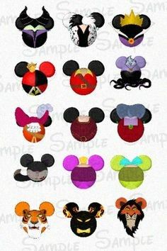 mickey mouse ears and other disney character heads on a white background with the words,