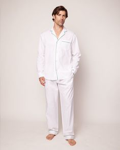 Classic white never goes out of style. Crisp, versatile, and always on-trend. This elegant white pajama set is accented with green piping and finished with pearl buttons. The fabric is made from 100% of the finest quality cotton. It is yarn-dyed to prevent fade and brushed for added softness making the sleepwear feel absolutely luxurious, getting cozier after each wash. You will be tucked in luxury and off to dreamland. Bonne nuit. White Pajama Set, White Pajamas, Shoe Size Conversion, Mens Pajamas, Pearl Buttons, Shoe Size Chart, Pj Sets, Getting Cozy, Weeding