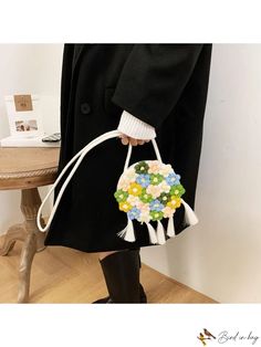 BirdinBag - Chic Two-Tone Floral Crochet Shoulder Bag: Ideal for College, School, and Travel Handheld Crochet Bag For Daily Use In Spring, Spring Crochet Bag For Daily Use, Handmade White Shoulder Bag For Spring, Circle Bag, Crochet Shoulder Bag, College School, Floral Crochet, Tassel Bag, Bird In Bag