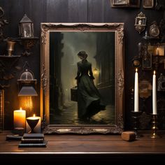 an oil painting of a woman in a long dress is on display next to candles