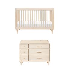 a white crib and dresser against a white background, with the baby's bed next to it