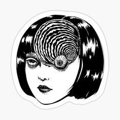 a black and white drawing of a woman's face with an eyeball in her hair