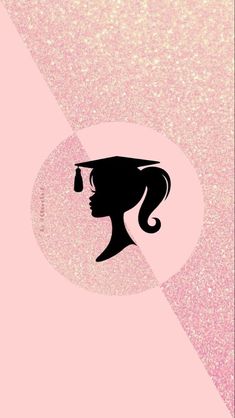 the silhouette of a woman's head against a pink and gold background with glitter