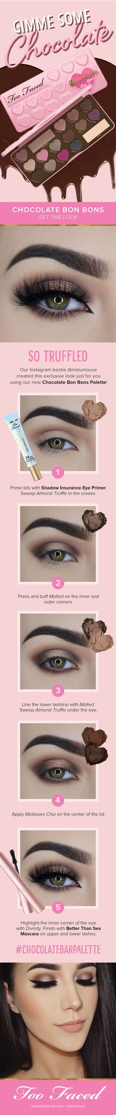 Chocolate Bon Bons is the third palette in the #TooFaced bestselling Chocolate Bar Eye Shadow Collection. The looks are limitless. - Too Faced Cosmetics Too Faced Chocolate Bon Bons Looks, Chocolate Bon Bons, Too Faced Chocolate, Full Lashes, Trendy Makeup, Too Faced Makeup, Makeup Obsession, Kiss Makeup, Chocolate Bars