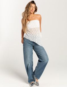 BDG Urban Outfitters Lace Y2K Asymmetrical Womens Bandeau Top - WHITE | Tillys Trendy One-shoulder Tube Top For Spring, Casual Off-shoulder Tube Top, Casual Off-shoulder Tube Top For Spring, Casual One-shoulder Tube Top For Spring, Casual Asymmetrical Crop Top, Casual One-shoulder Tube Top For Summer, White Off-shoulder Casual Tube Top, Casual White Off-shoulder Tube Top, Lace Y2k