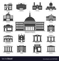 the government building and other buildings in black and white, with all their names on it