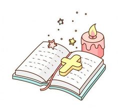 an open book with a candle and stars around it