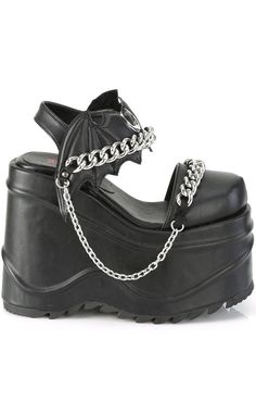 WAVE-20 Batty Chain Sandals | Black Matte-Demonia-Tragic Beautiful Hologram Shoes, Black Platforms, Demonia Boots, Alternative Shoes, Demonia Shoes, Gothic Shoes, Strap Sandals Women, Leather Platform Sandals, Black Vegan