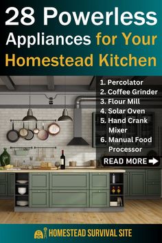 the front cover of 28 powerful appliance for your homestead kitchen, with instructions to