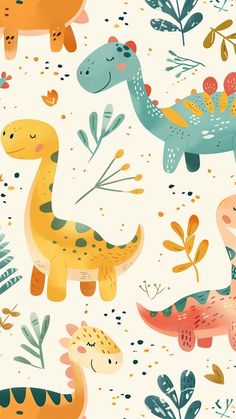 colorful dinosaurs and plants on a white background