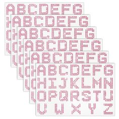 four letters and numbers are shown in pink dots on white paper, each with different font styles