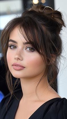 Flatter Your Features: 25 Long Hairstyles for Round Faces Side Fringe Hairstyles Long, Long Soft Bangs, Side Bangs Hair Up, Messy Bun With Fringe, Long Hair Side Fringe, Bangs Hairstyle Round Face, Haircut To Hide Forehead, Long Hair With Bangs Fine Hair, Whimsy Bangs