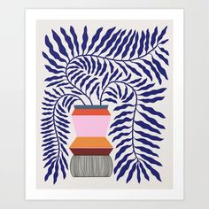 an art print with leaves and a vase