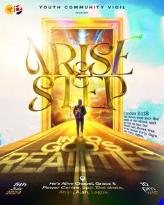 a poster with the words rise up and a person standing in front of an open door