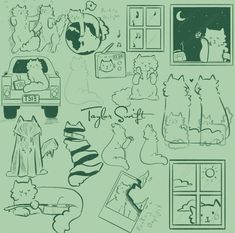 an image of cats and other animals in the room with green wall paper on it