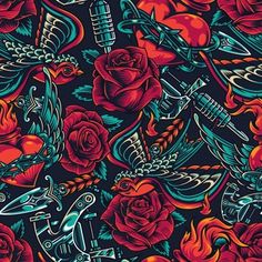 a bunch of roses that are on top of a blue and red background with scissors