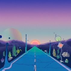 a cartoon scene with an empty road surrounded by plants and other things in the distance