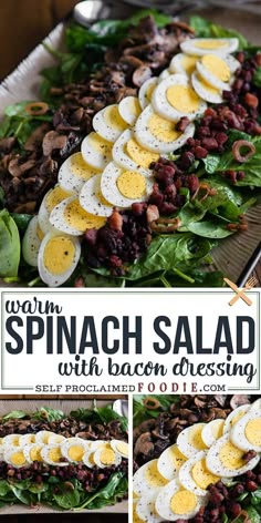 spinach salad with bacon, cheese and hard boiled eggs on a platter for an appetizer