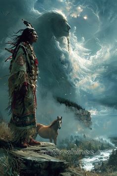 a native american man standing next to a deer in front of a huge cloud filled sky