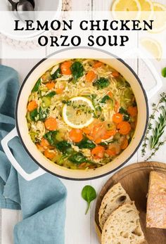 lemon chicken orzo soup in a pot with bread and herbs