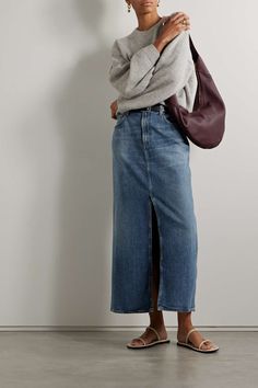 AGOLDE Leif denim midi skirt | NET-A-PORTER Jean Skirt Outfits Fall, Denim Maxi Skirt Outfit, Long Denim Skirt Outfit, Skirt Outfit Fall, How To Have Style, Spring Skirt Outfits, Simple Winter Outfits, Jean Skirt Outfits, Long Jean Skirt