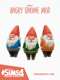 three plastic gnomes sitting next to each other in front of an advertisement for the same product