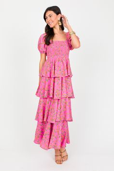 Do A Twirl Maxi, Pink Floral - New Arrivals - The Blue Door Boutique Dress With Poofy Sleeves, Easter Maxi Dress, Ruffle Layered Dress, Long Fall Dresses, Layered Ruffle Dress, Church Fits, Pink Floral Maxi Dress, Elegant Outfit Classy, Tiered Ruffle Dress