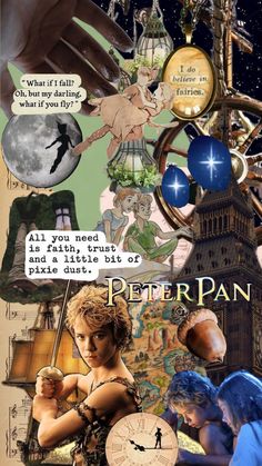 a collage of pictures and words about peter pan with an image of the clock tower