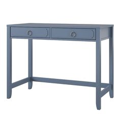 a blue desk with two drawers on the top and one drawer at the bottom, against a white background