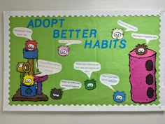 a bulletin board with the words adopt better habitts written in different languages on it