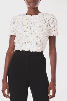 Short Sleeve Embroidered Top – Monique Lhuillier Luxury Chic Embroidered Top With Floral Embroidery, Embroidered Silk Top With Short Sleeves, Luxury Embroidered Short Sleeve Top, White Embroidered Cropped Blouse, Silk Embroidered Short Sleeve Tops, Embroidered Crop Tops, Short Sleeve Crop Top, Triangle Bralette, Soft Bra