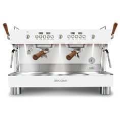 two espresso machines sitting on top of each other in front of a white background