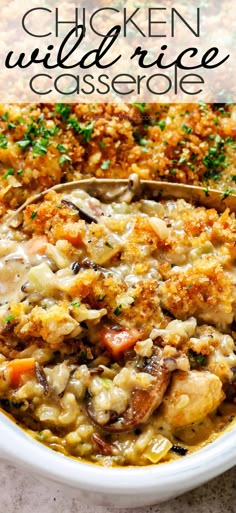 chicken wild rice casserole in a white bowl