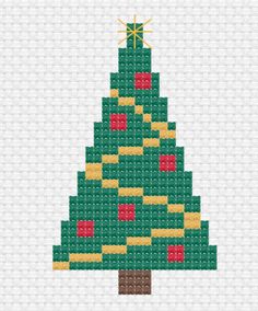 a cross stitch christmas tree with presents on top