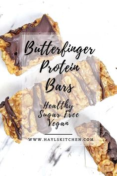 two bars with chocolate drizzled on top and the text butterfingerer protein bars healthy sugar free vegan