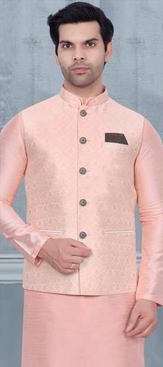 Pink and Majenta color Nehru Jacket in Brocade fabric with Weaving work Luxury Traditional Pink Nehru Jacket, Nehru Jacket, Nehru Jackets, Brocade Fabric, Wear Pink, Party Wear, Weaving, Fabric, Pink