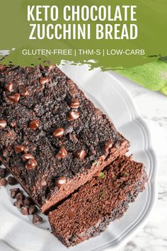 chocolate zucchini bread on a white plate with text overlay that reads, keto chocolate zucchini bread gluten - free from low carb