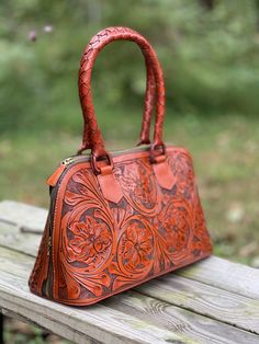 Hand-Tooled Leather Satchel "Maletin" by ALLE Western Bag, Tooled Leather Purse, Medium Sized Bags, Doctor Bag, Large Leather Tote, Embossed Design, Handmade Purses, Brown Leather Bag, Leather Satchel Bag