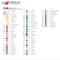 the color chart for each element in an oracal set, with different colors