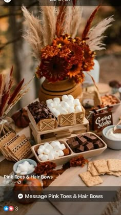 a table topped with lots of desserts and marshmallows