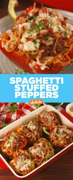 spaghetti stuffed peppers in a red casserole dish