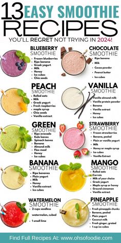 the 13 easy smoothie recipe is shown in this poster, which shows how to make it